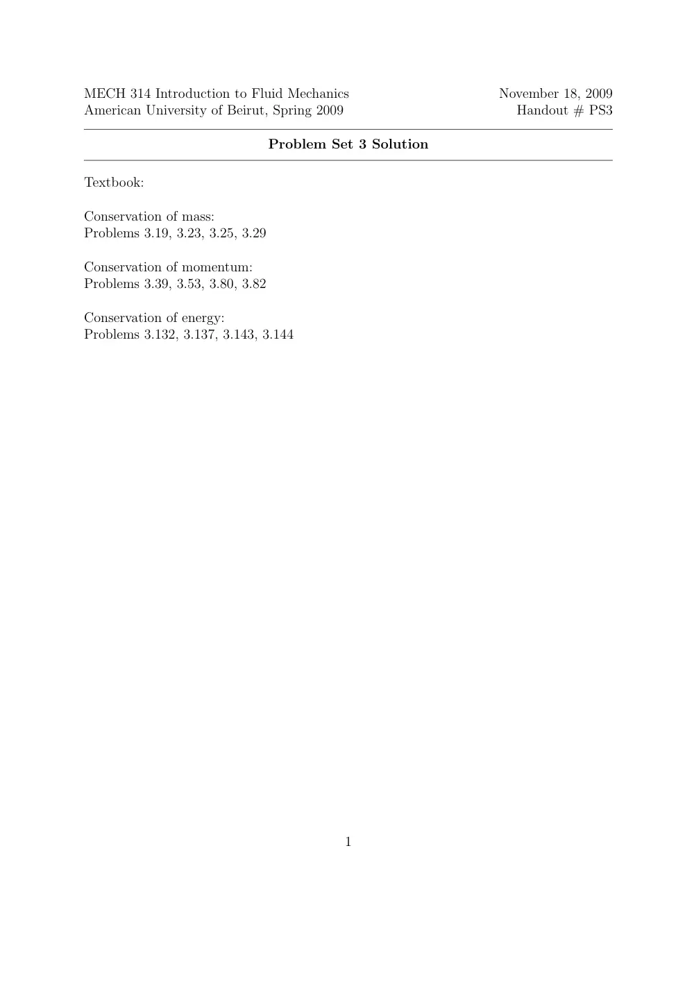 MECH 314 Problems 5, Spring 2014, page 1