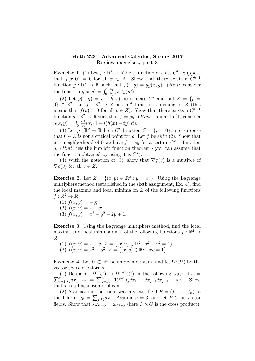 MATH 223 Problems Problem Set for Final, Spring 2017, page 1