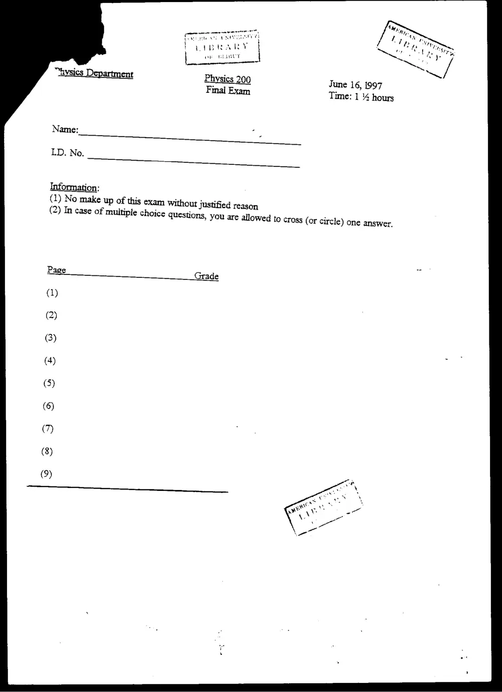 PHYS 200 Final, Spring 1997, page 1