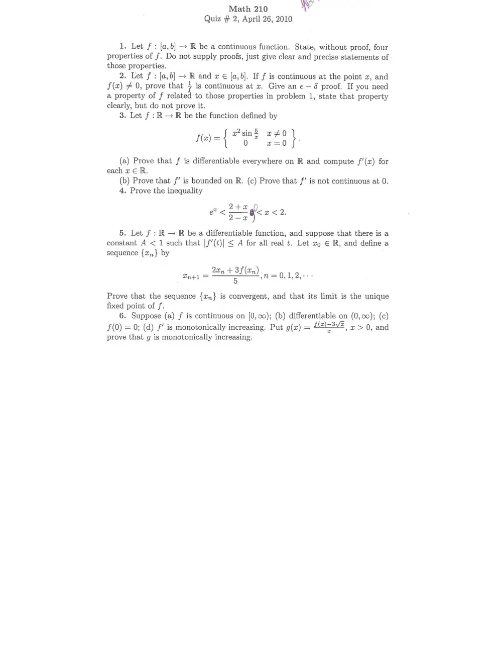 MATH 210 Exam 2, Spring 2010, page 1
