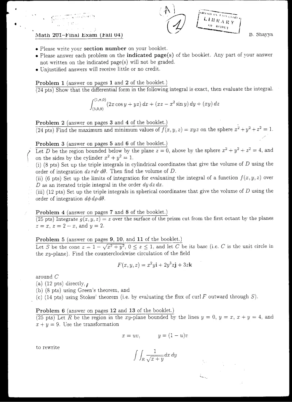 MATH 201 Final, Fall 2003, page 1