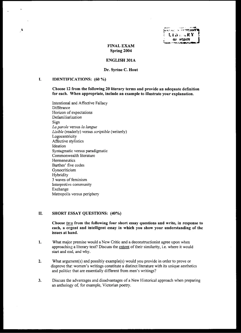 ENG 301 Final, Spring 2004, page 1