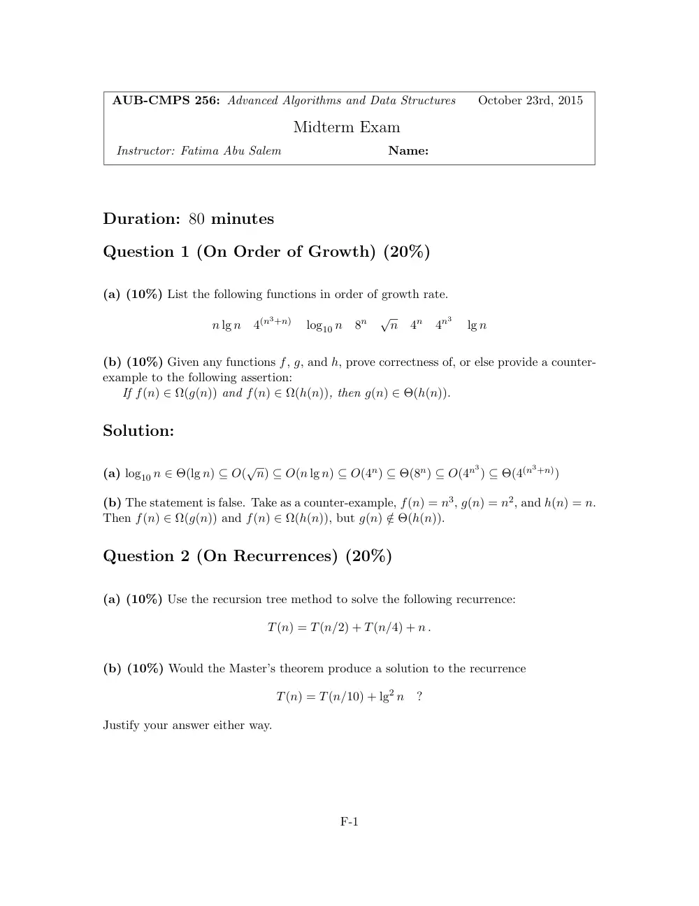 CMPS 256 Midterm With Solution, Fall 2015, page 1