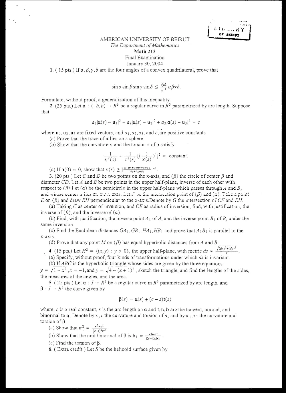 MATH 213 Final, Fall 2003, page 1