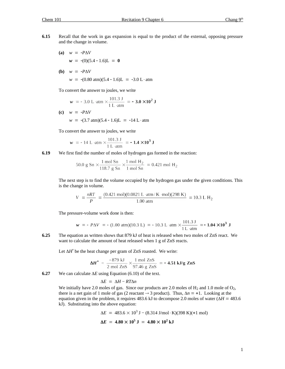CHEM 101 Homework Chapter 5 Assignment Solution, Fall 2013, page 1