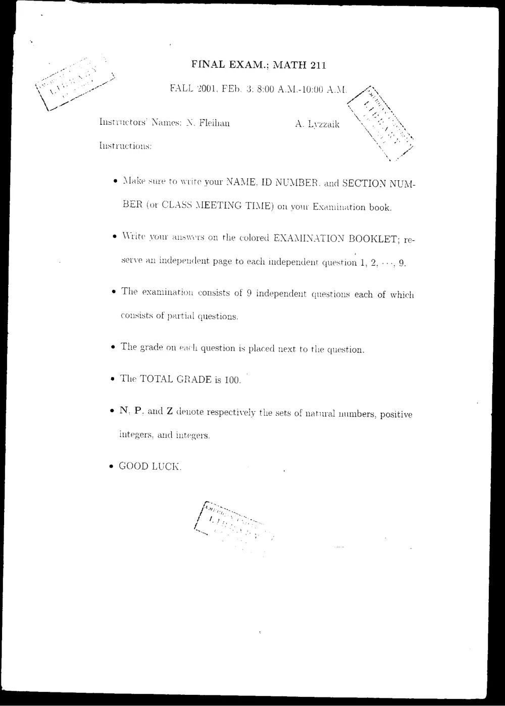 MATH 211 Final, Fall 2000, page 1