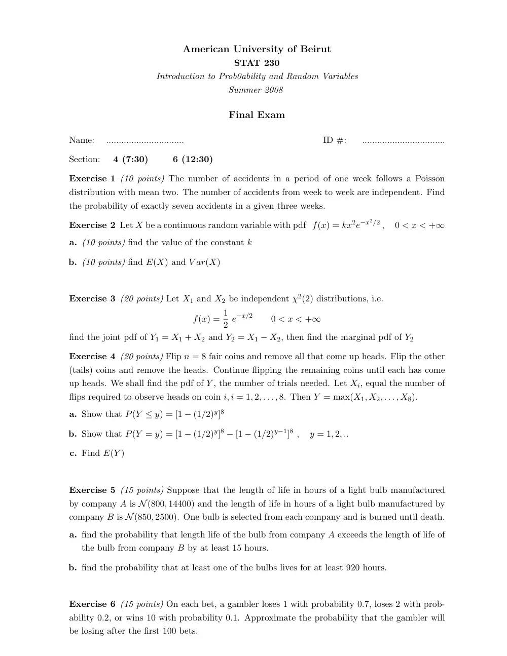 STAT 230 Final, Summer 2008, page 1