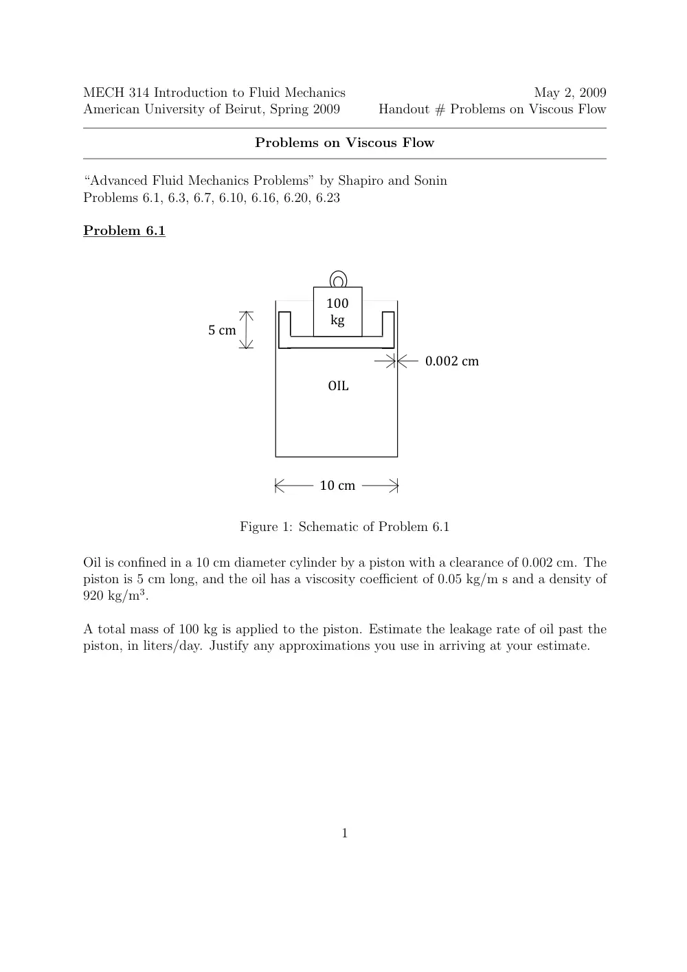 MECH 314 Problems 11, Spring 2014, page 1