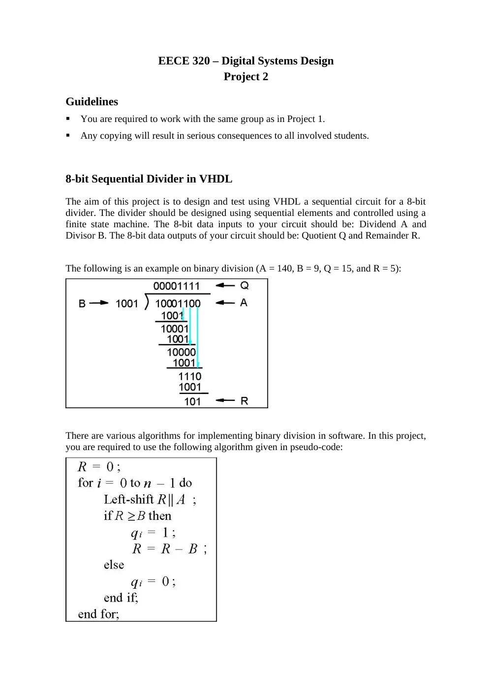 EECE 320 Project 2 Divider, Fall 2010, page 1