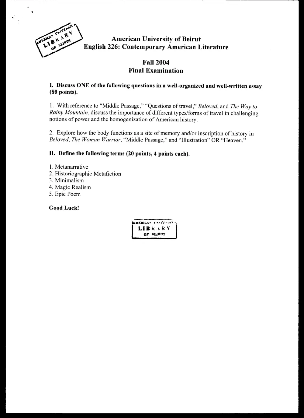 ENG 226 Final, Fall 2003, page 1