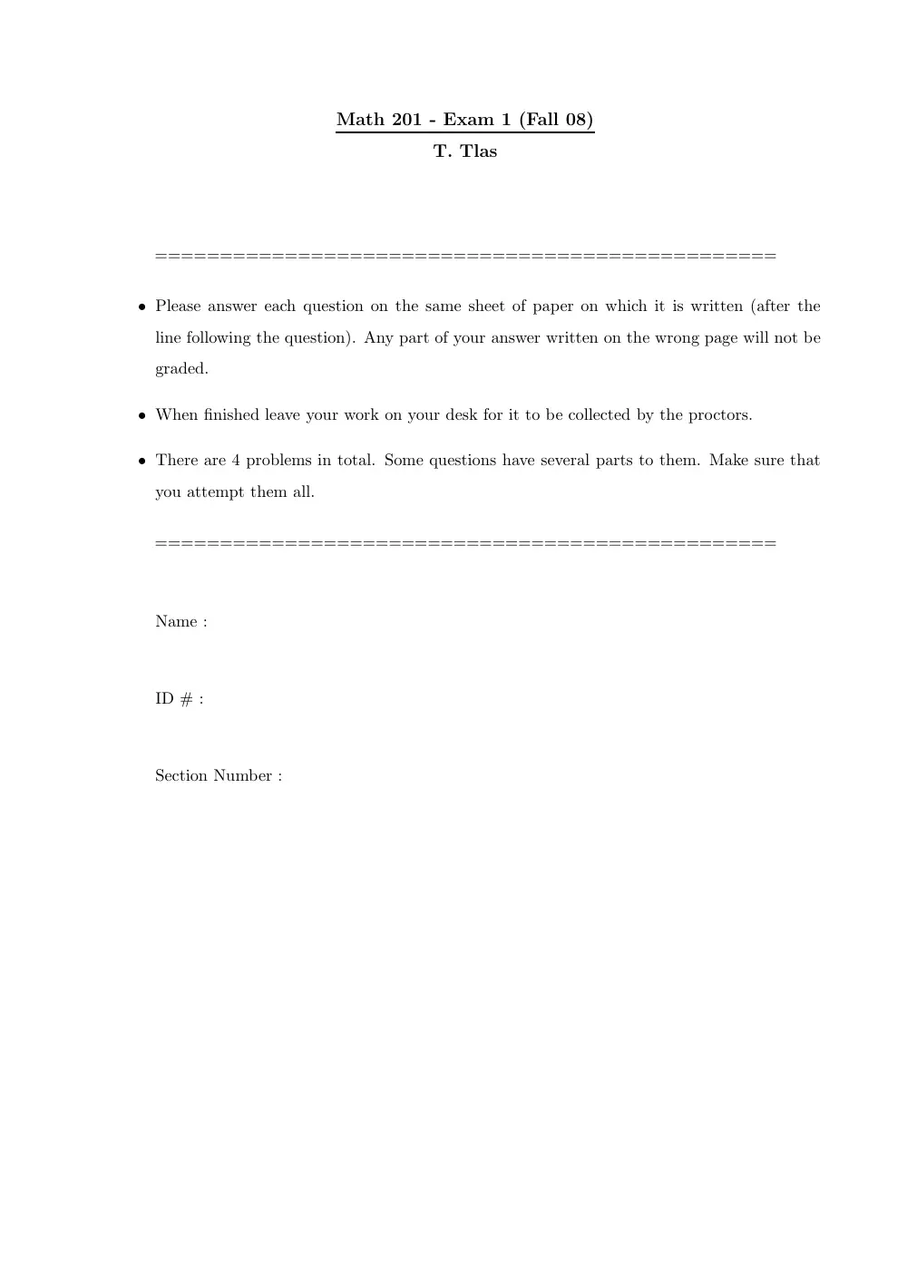 MATH 201 Exam 1, Fall 2008, page 1
