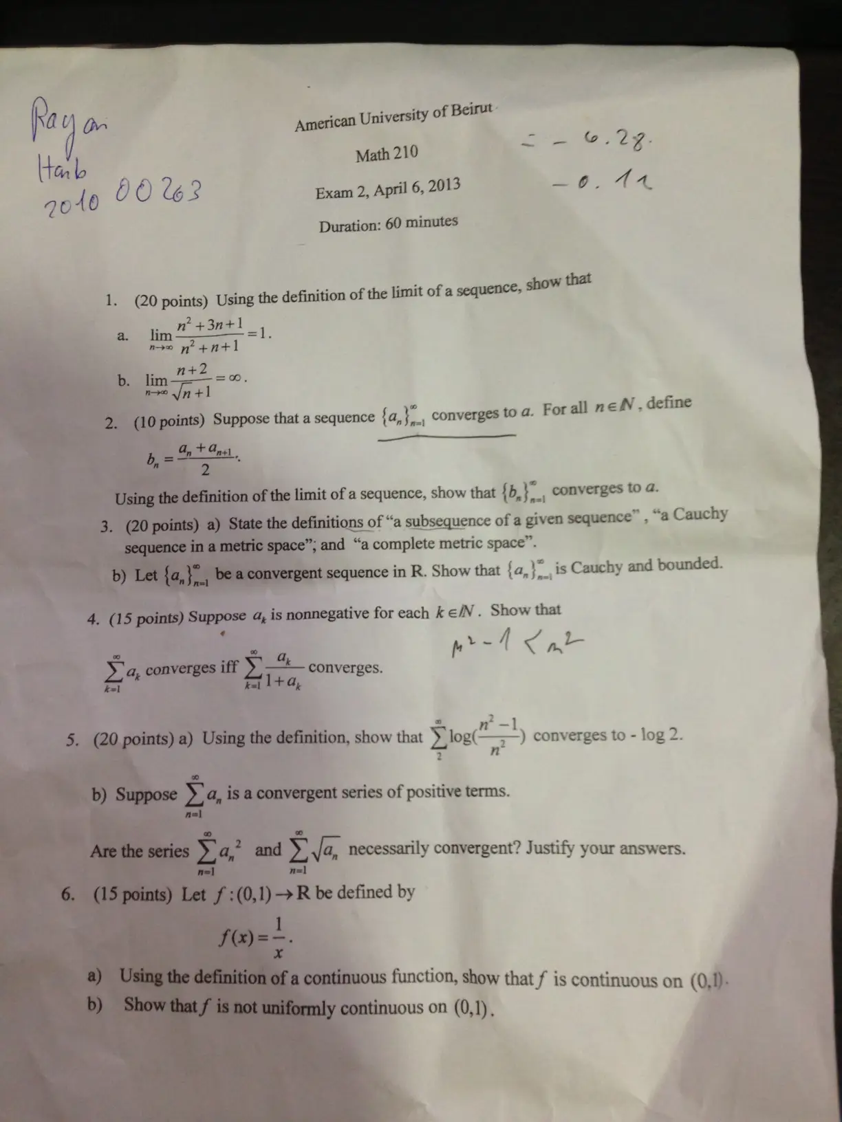 MATH 210 Exam 2, Spring 2013, page 1
