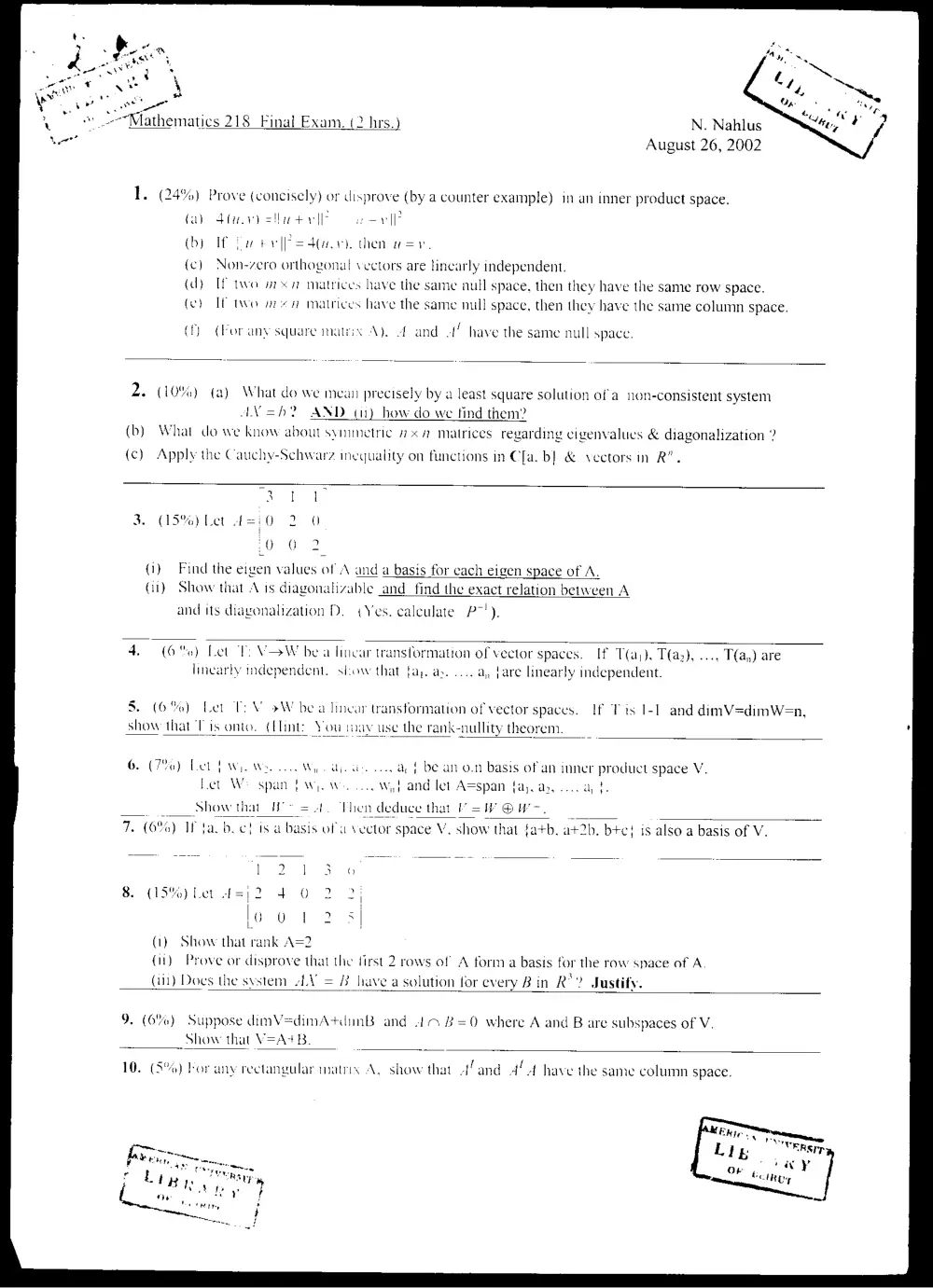 MATH 218 Final, Summer 2002, page 1