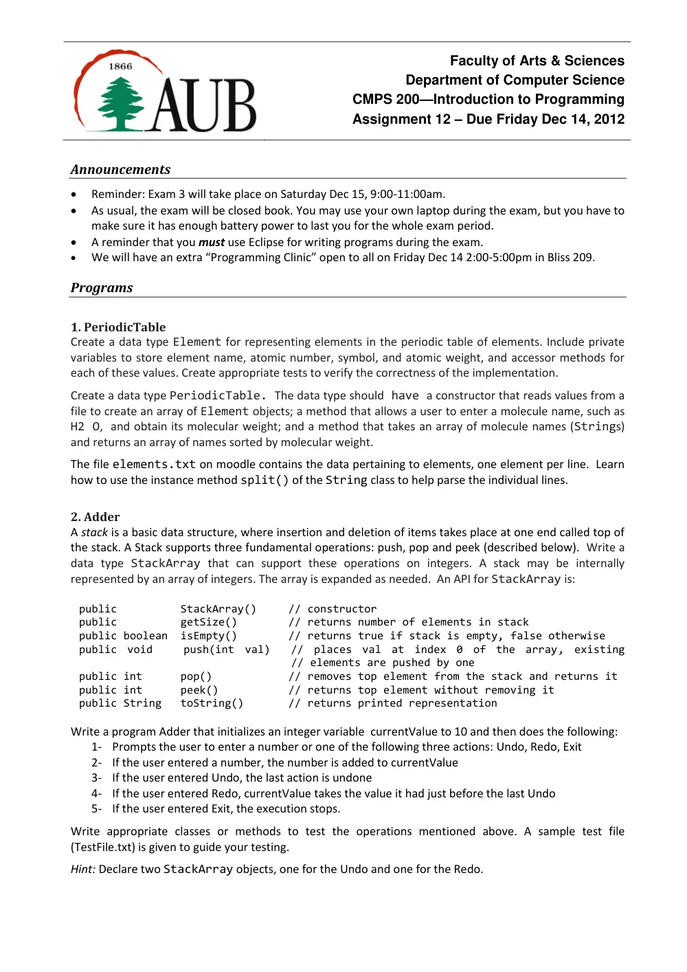CMPS 200 Homework Assignment 12, Fall 2012, page 1