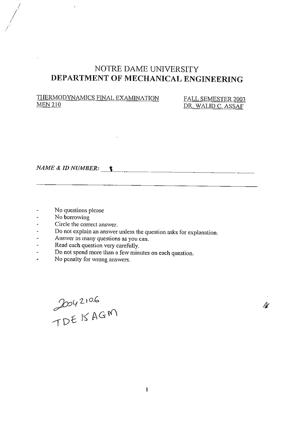 MEN 210 Final, Fall 2003, page 1