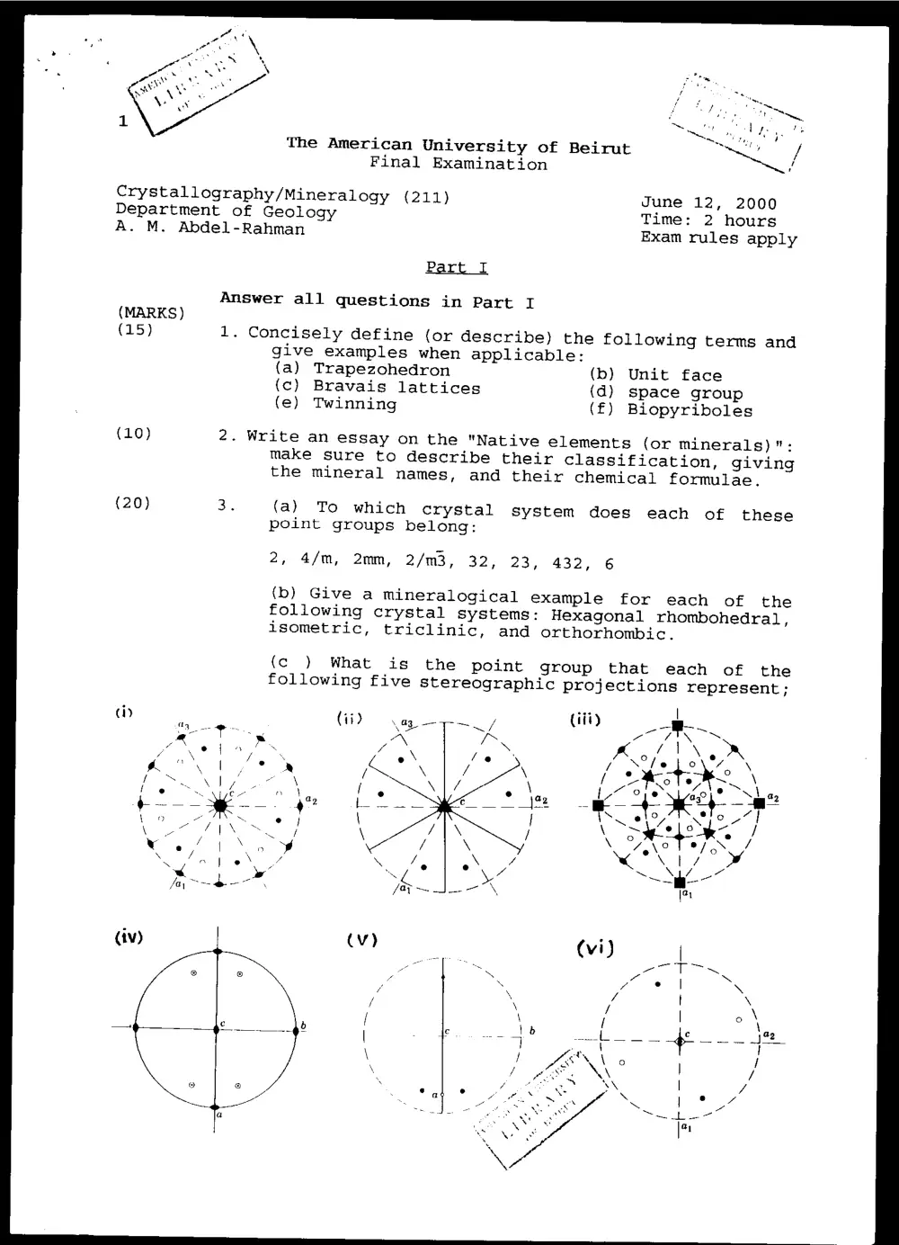 GEOL 211 Final, Spring 2000, page 1