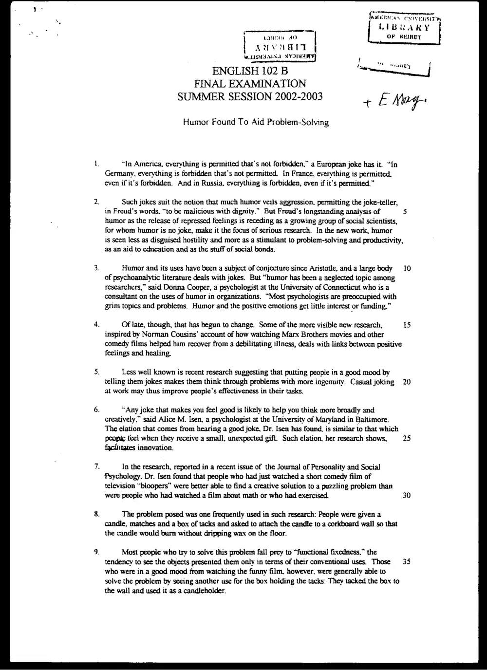 ENG 102 Final, Summer 2003, page 1