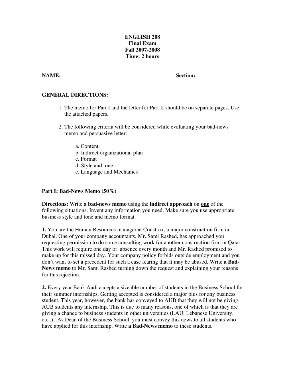 ENG 208 Final, Fall 2007, page 1