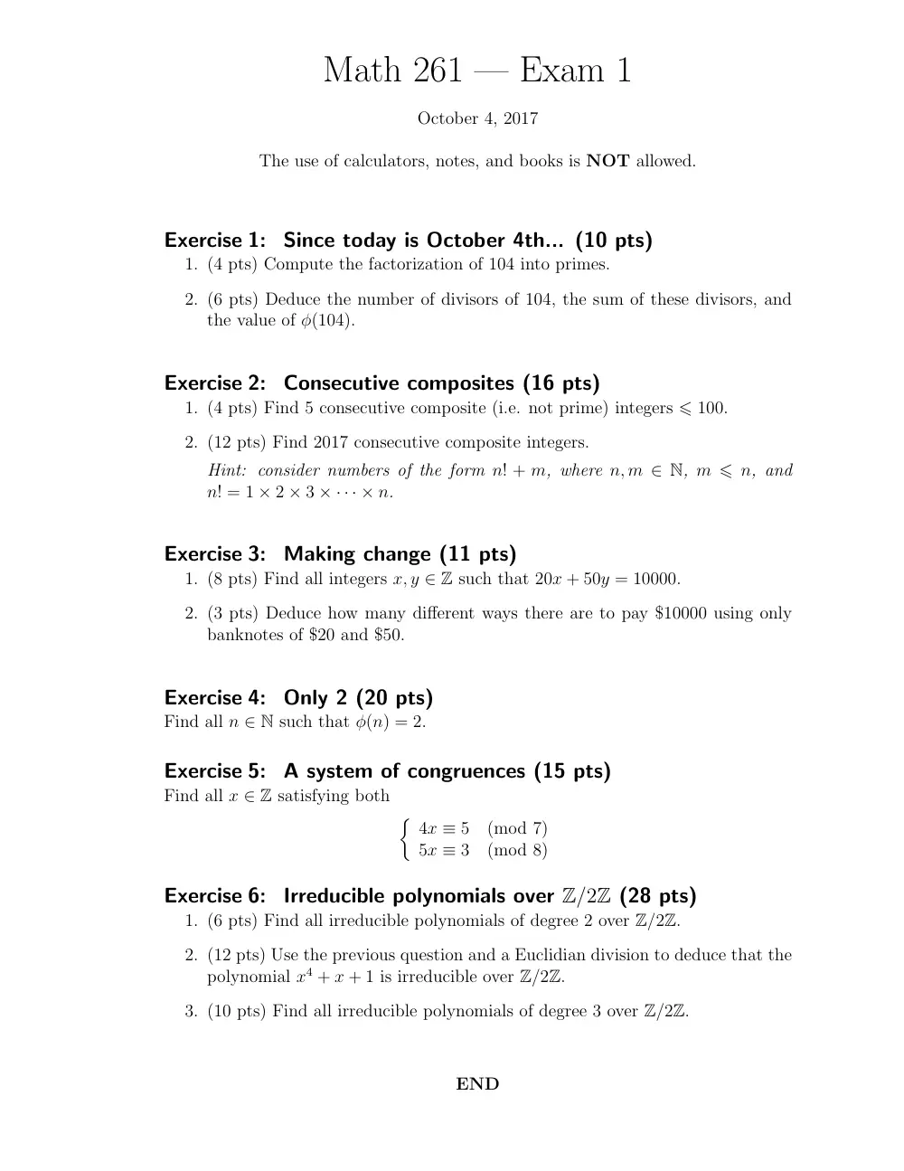 MATH 261 Exam 1, Fall 2017, page 1