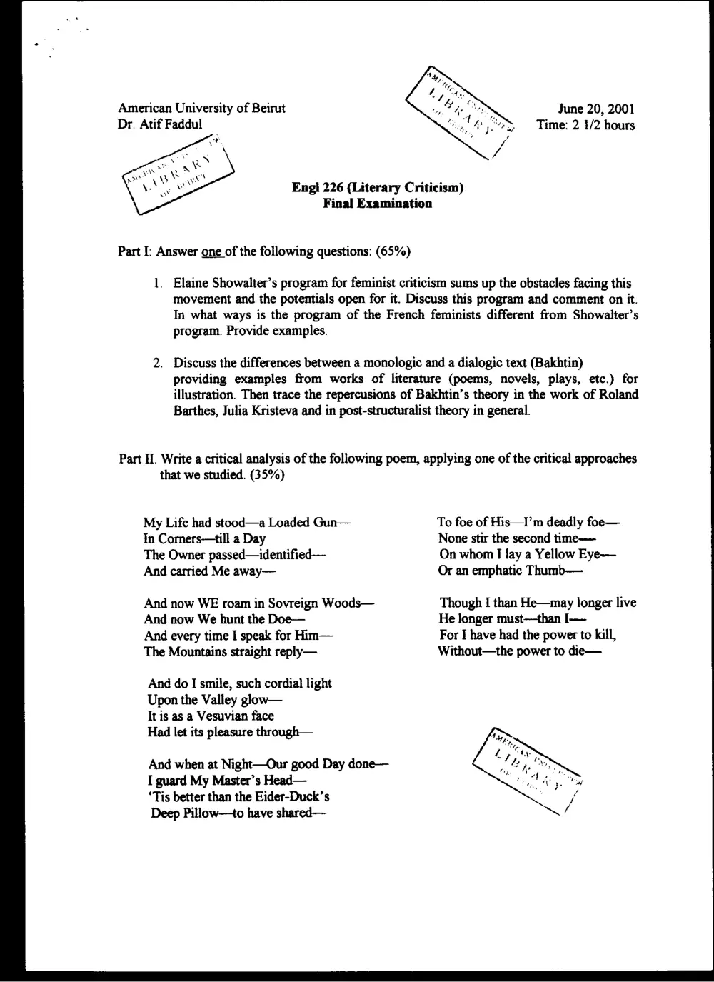 ENG 226 Final, Spring 2001, page 1
