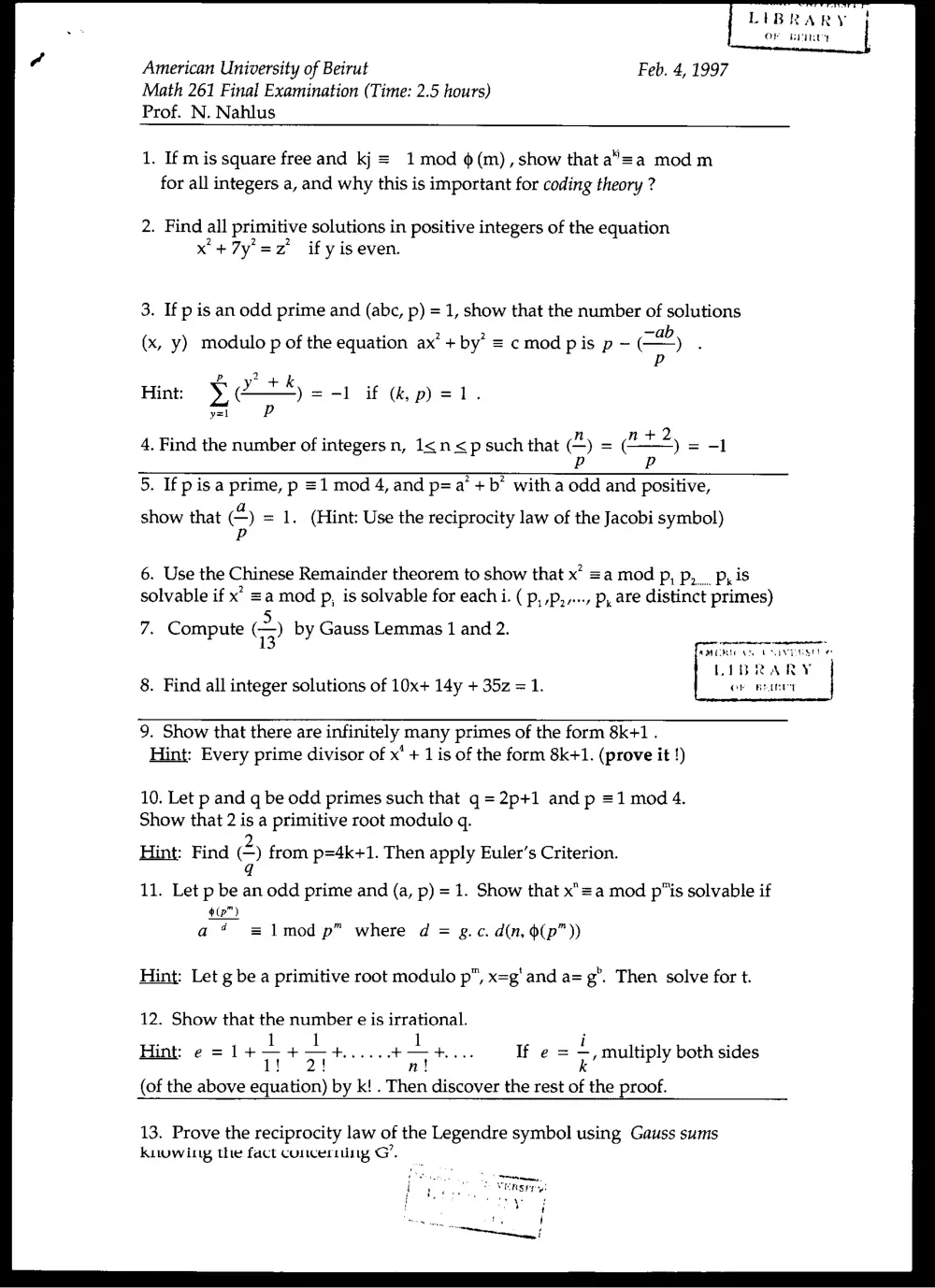 MATH 261 Final, Fall 1996, page 1