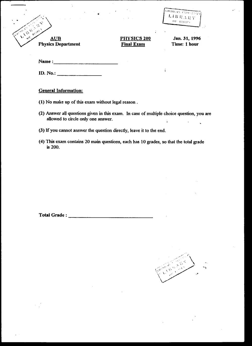 PHYS 200 Final, Fall 1995, page 1