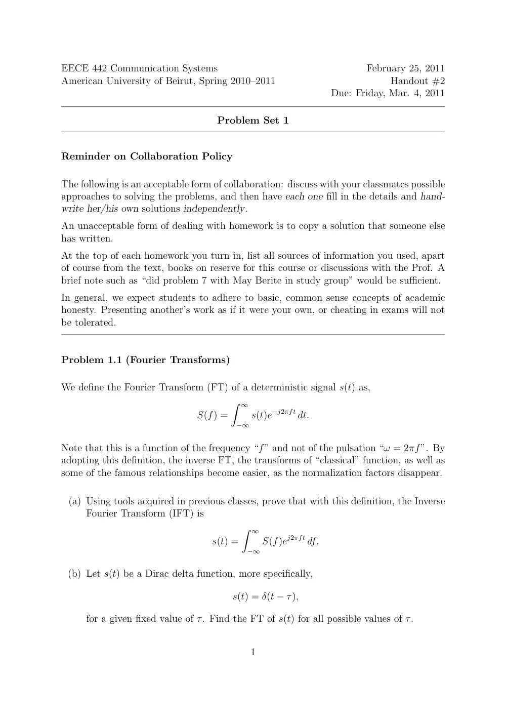 EECE 442 Problems Set 1, Spring 2011, page 1
