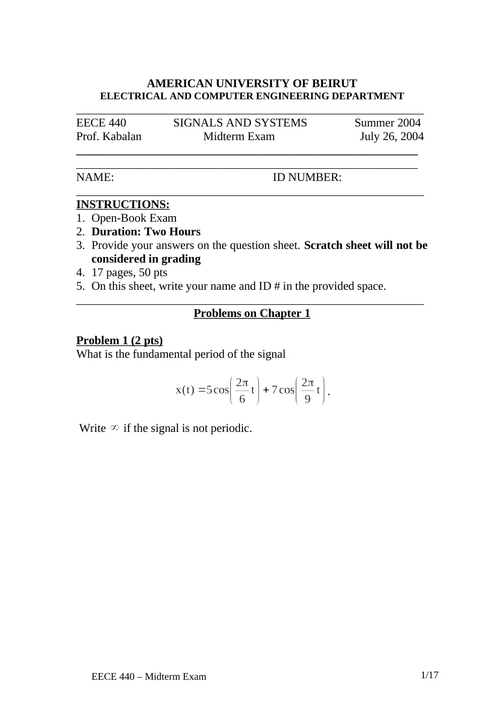 EECE 340 Midterm, Summer 2004, page 1