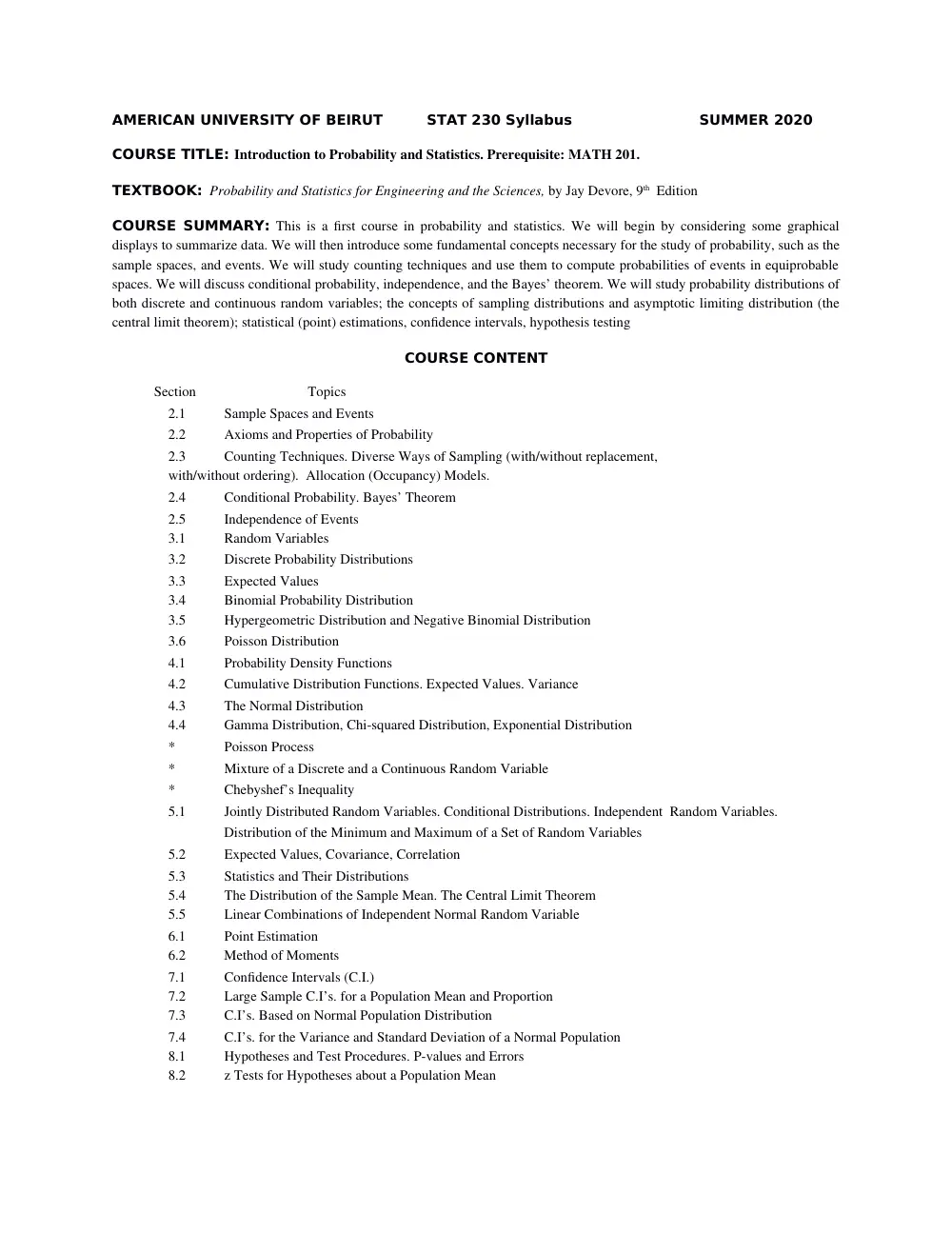 STAT 230 Syllabus, Spring 2020, page 1