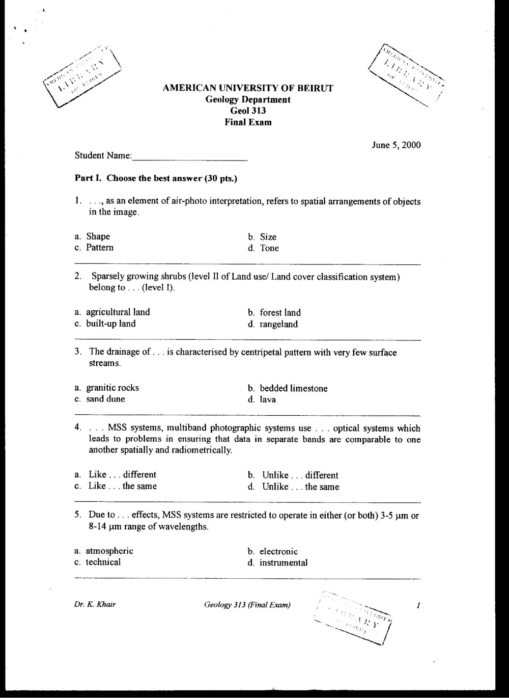 GEOL 313 Final, Spring 2000, page 1