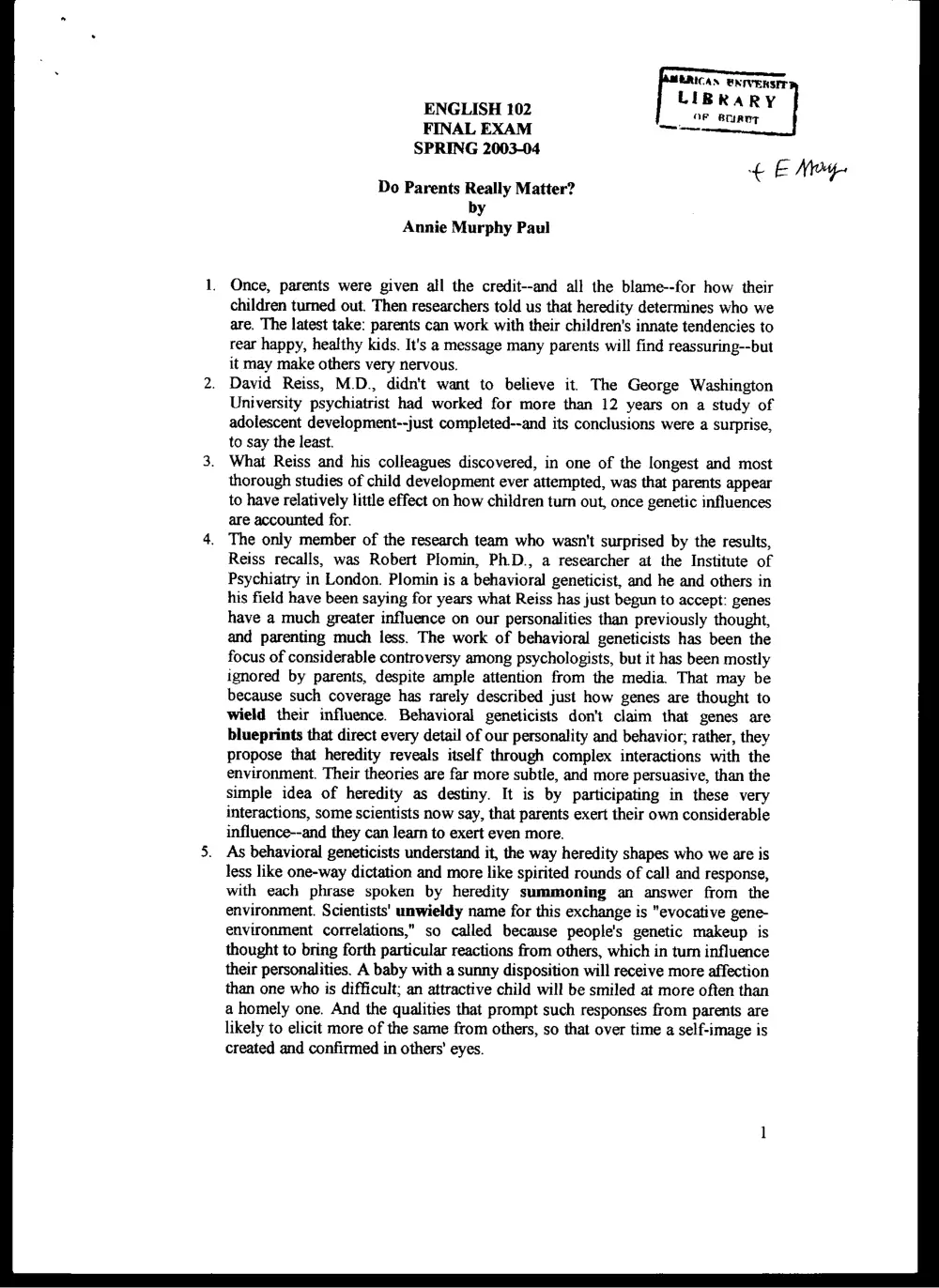 ENG 102 Final, Spring 2004, page 1