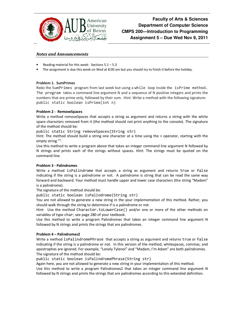 CMPS 200 Homework Assignment 5, Fall 2011, page 1
