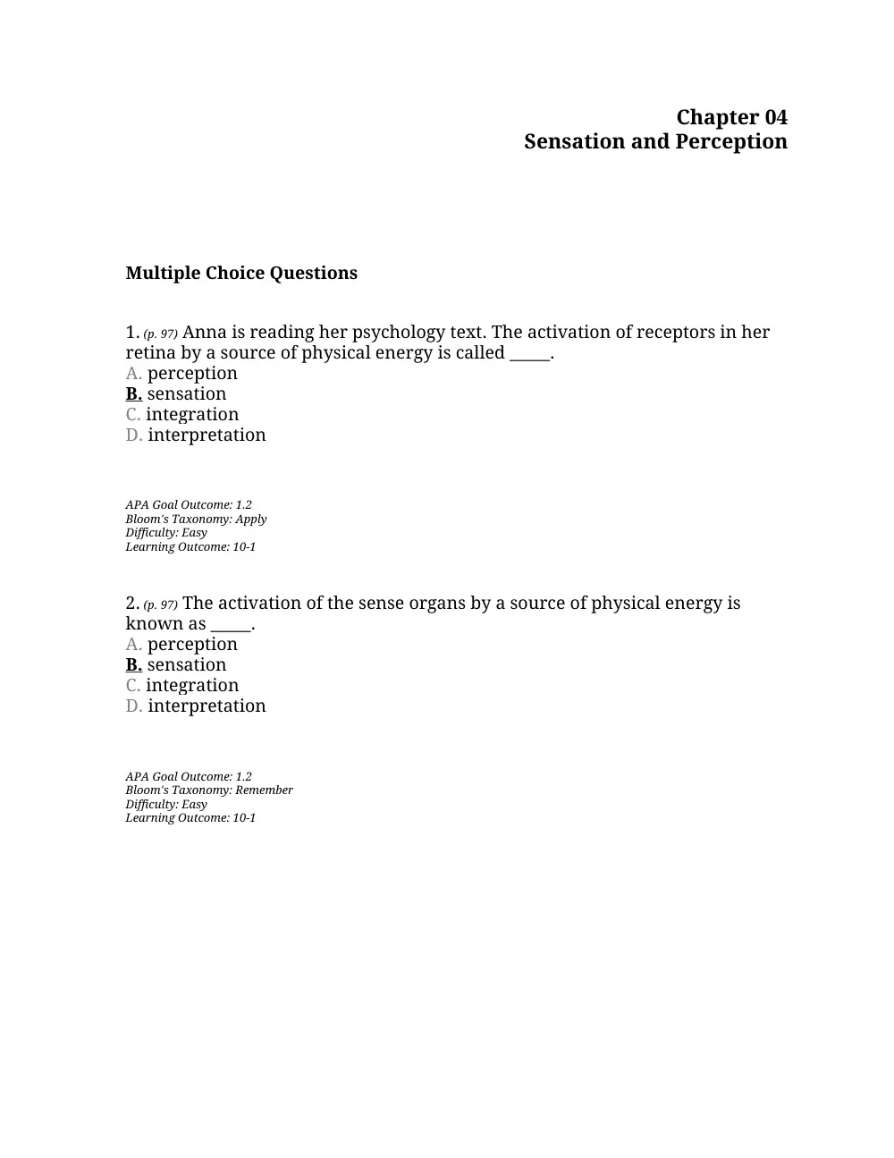 PSYC 201 Questions Chapter 4, Fall 2015, page 1