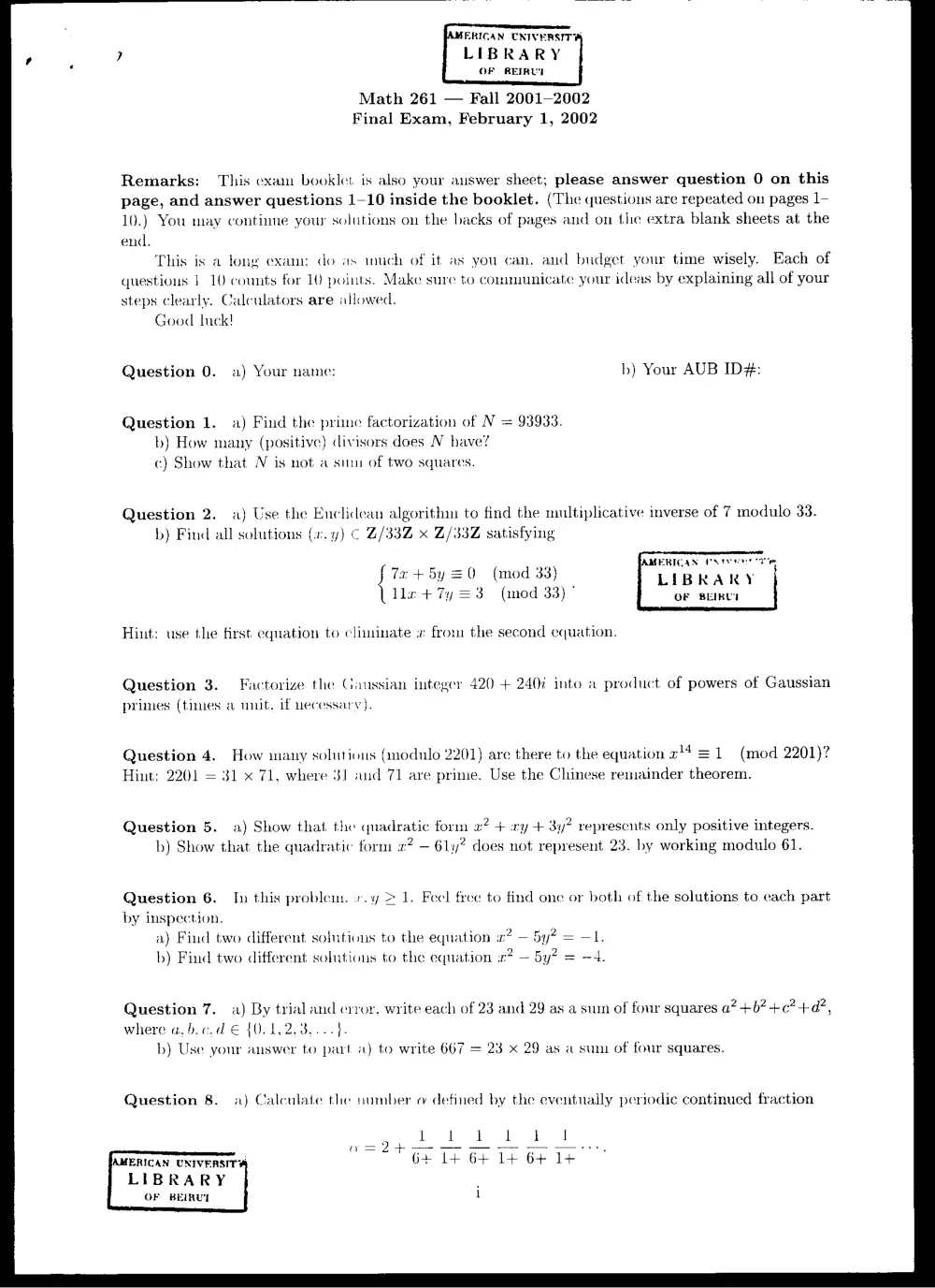 MATH 261 Final, Fall 2001, page 1