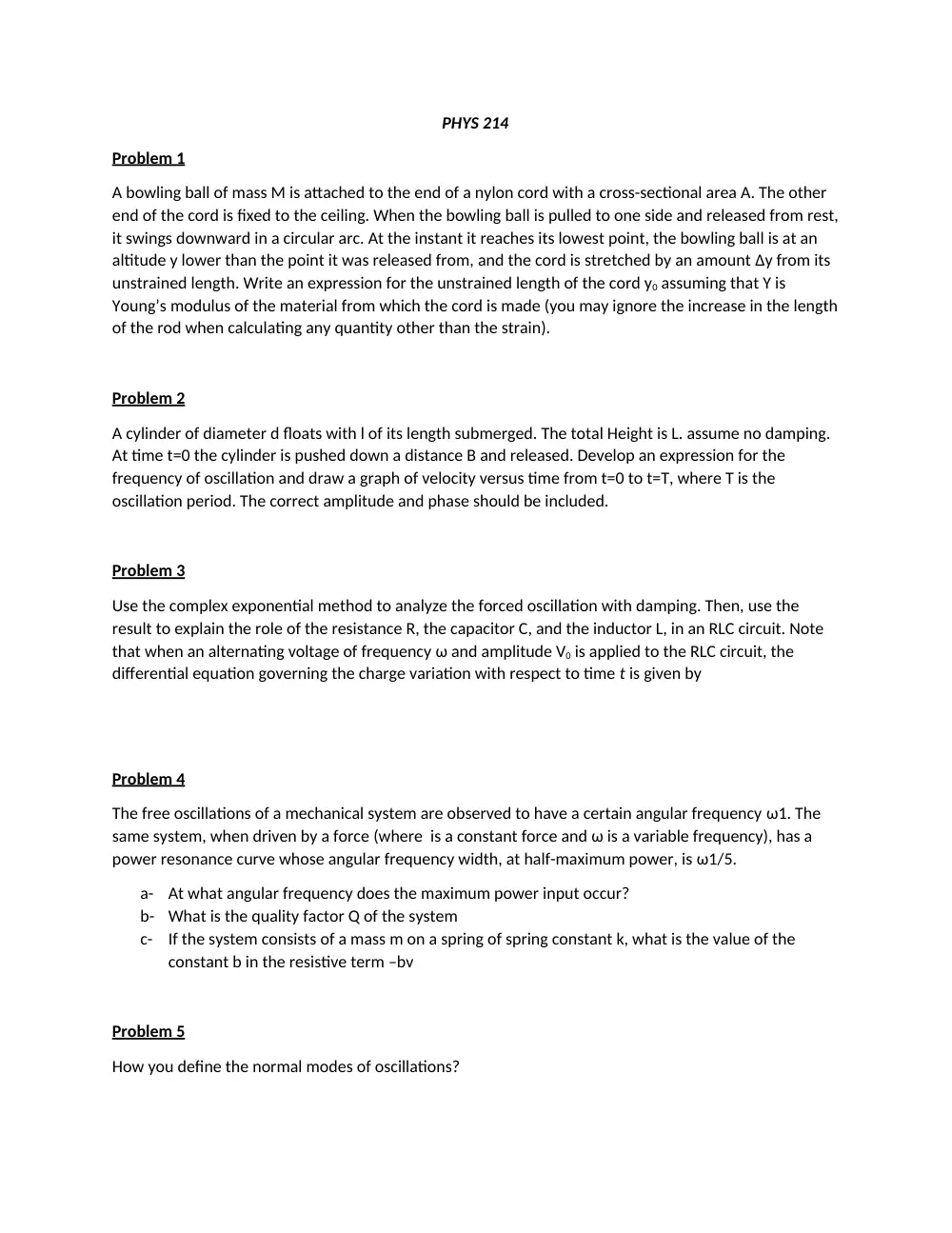 PHYS 214 Exam 1 Without Answer, Spring 2020, page 1