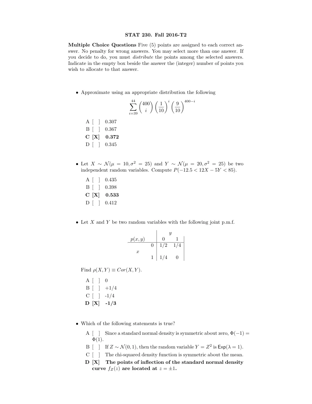 STAT 230 Exam 2 Solution, Fall 2016, page 1