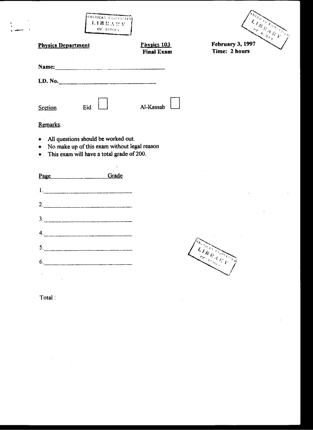 PHYS 103 Final, Fall 1996, page 1