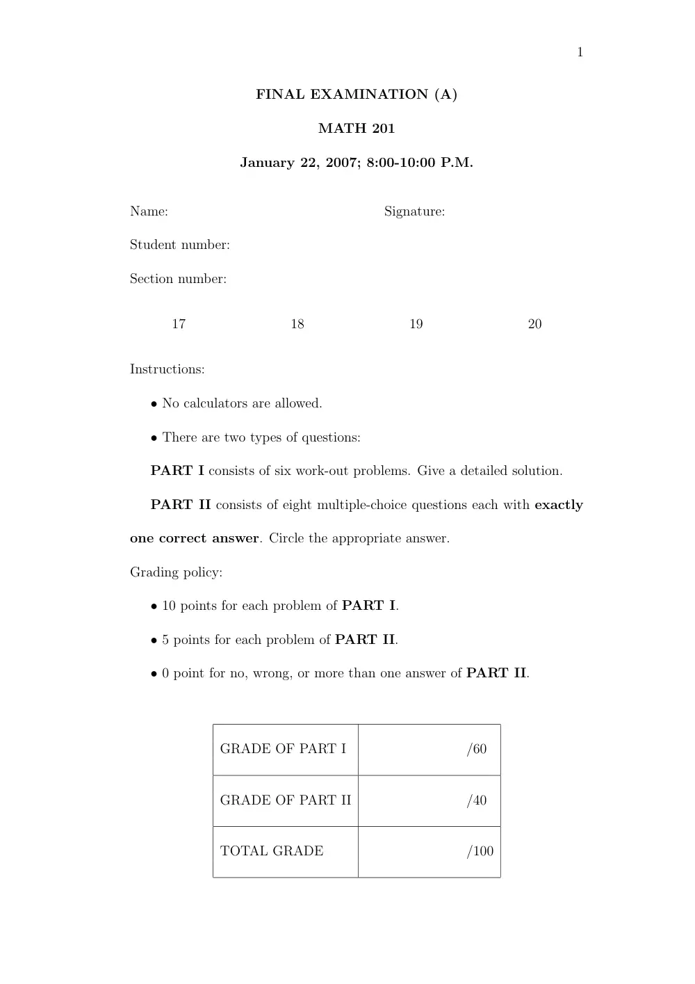 MATH 201 Exam, Spring 2008, page 1