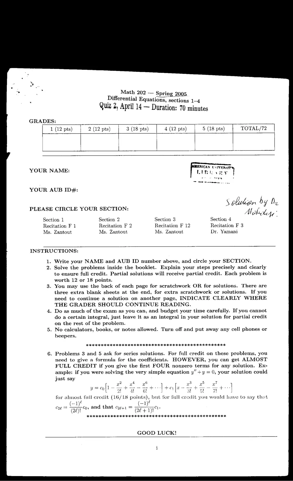 MATH 202 Exam 2 with Solution, Spring 2005, page 1