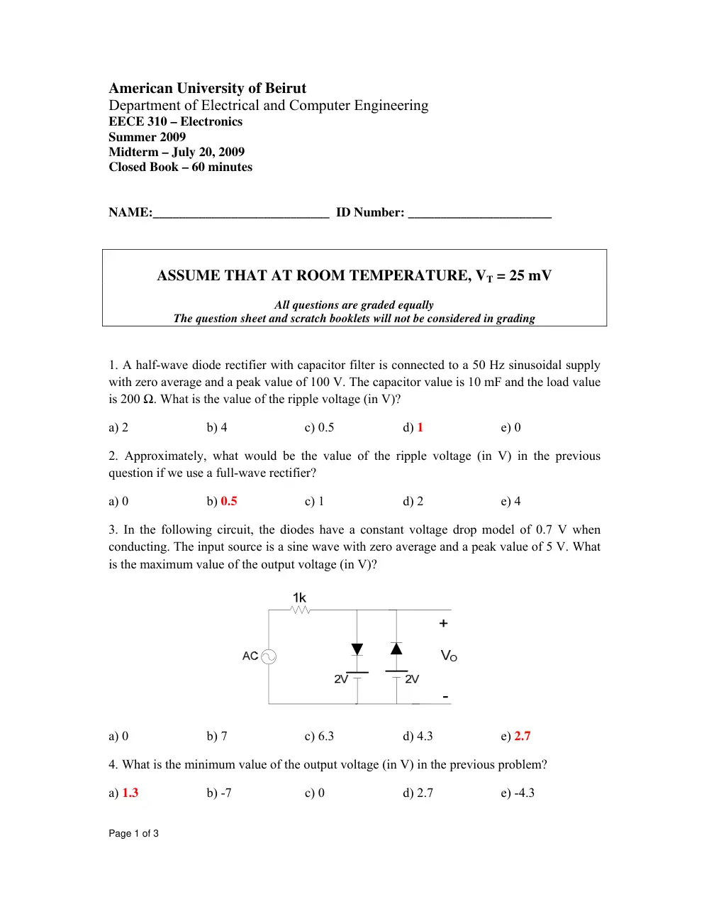 EECE 310 Midterm with Solution, Summer 2009, page 1