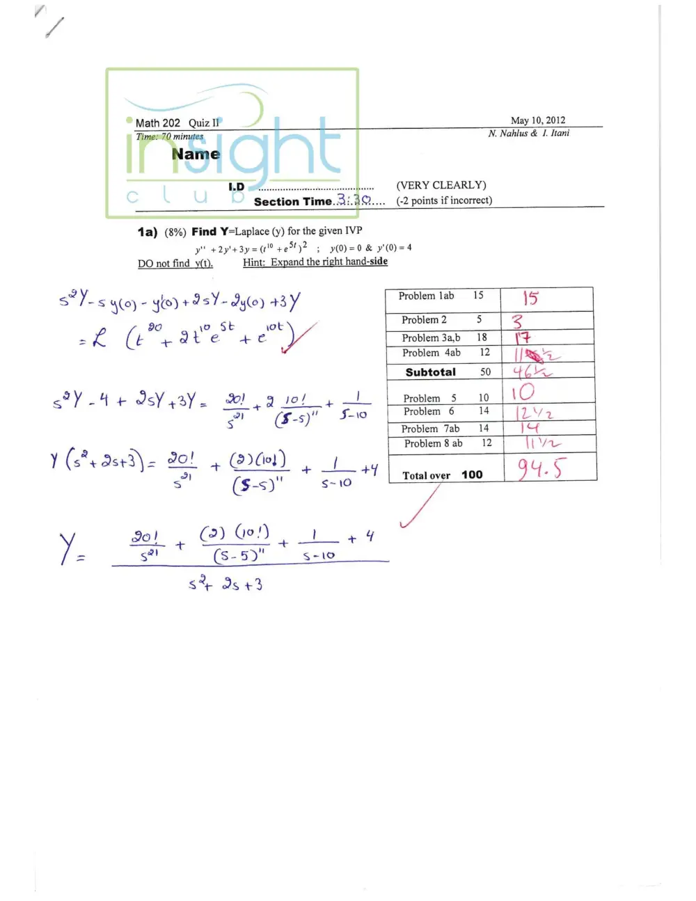 MATH 202 Exam 2, Spring 2013, page 1