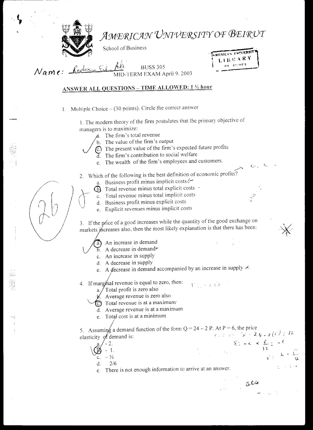 BUSS 235 Midterm, Spring 2003, page 1