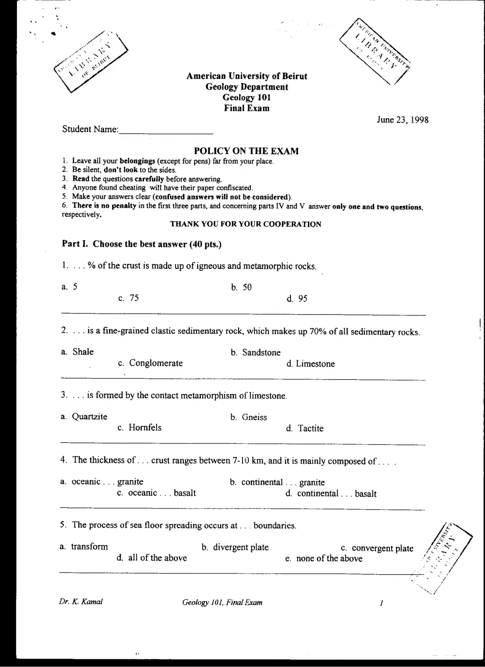 GEOL 101 Final, Spring 1998, page 1