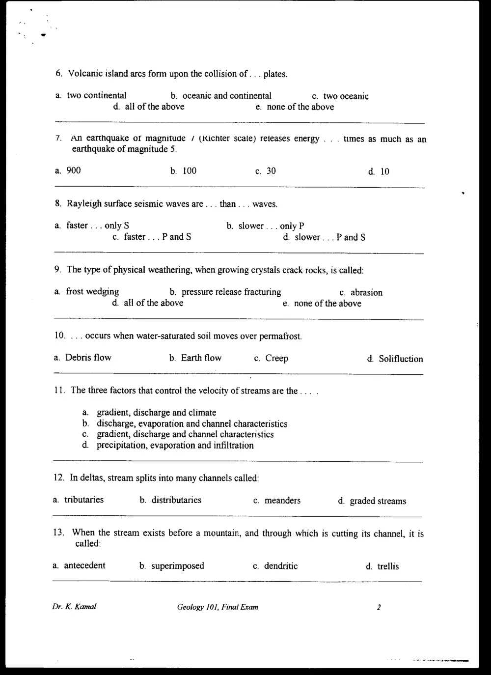 GEOL 101 Final, Spring 1998, page 2