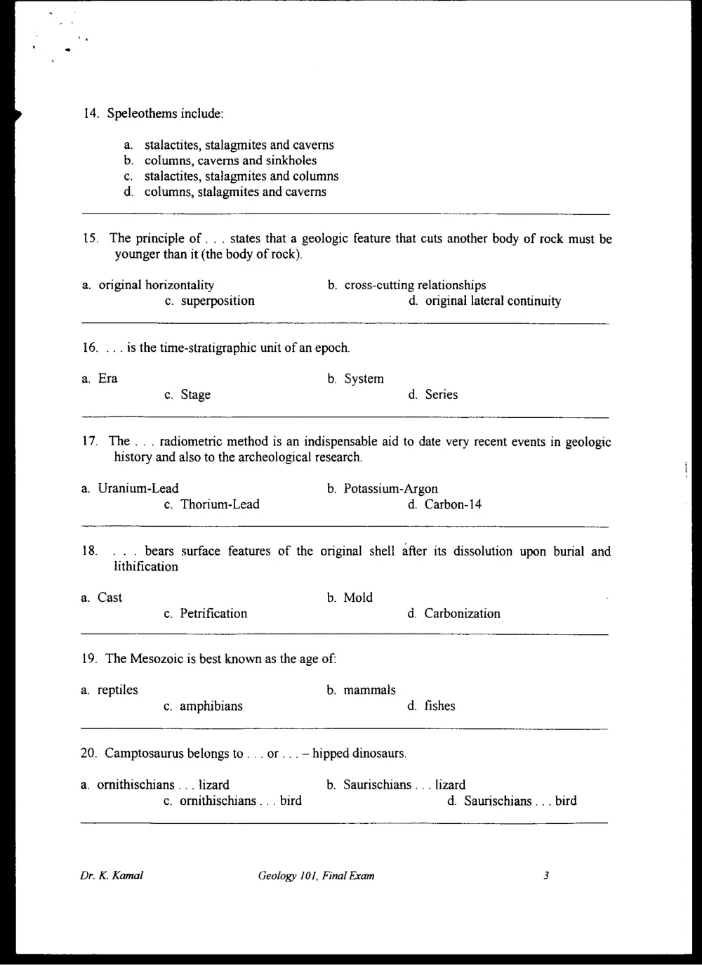 GEOL 101 Final, Spring 1998, page 3