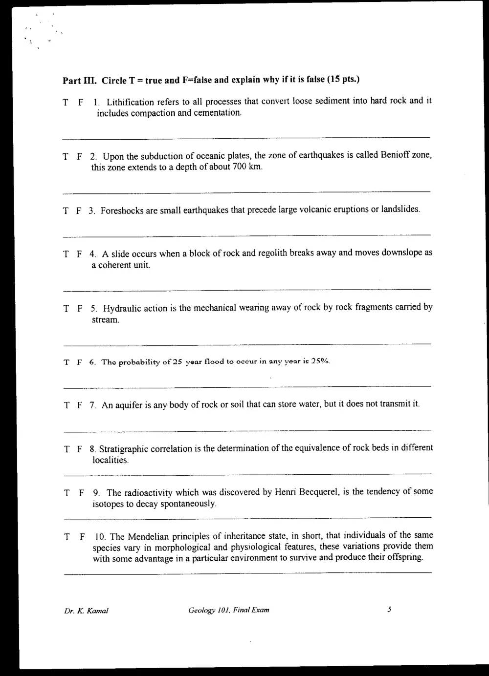 GEOL 101 Final, Spring 1998, page 5