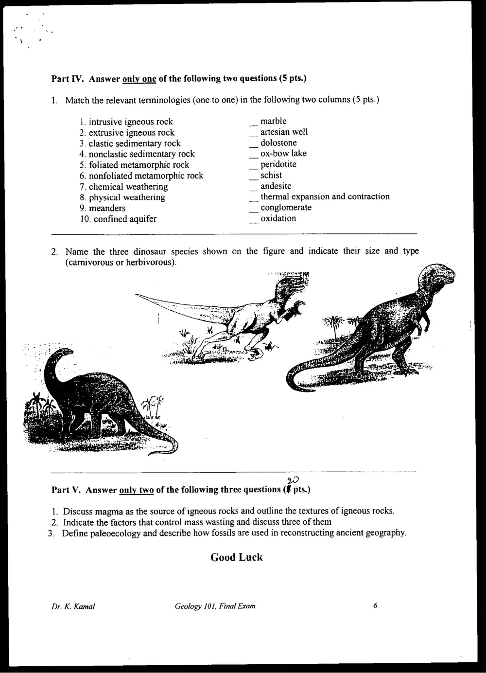 GEOL 101 Final, Spring 1998, page 6