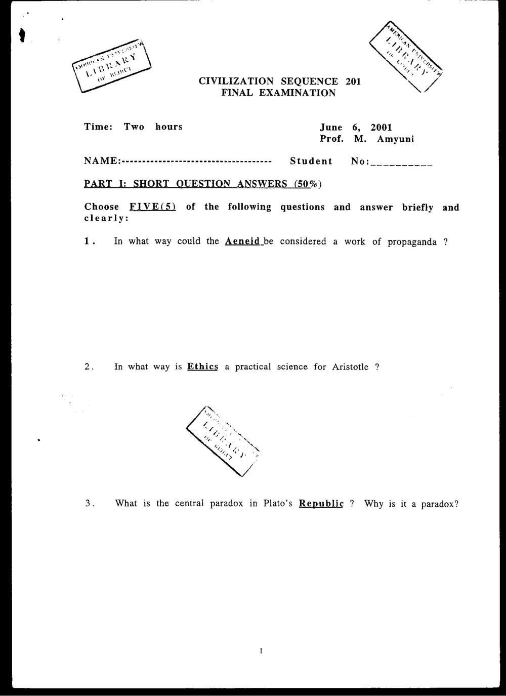 CVSP 201 Final, Spring 2001, page 1