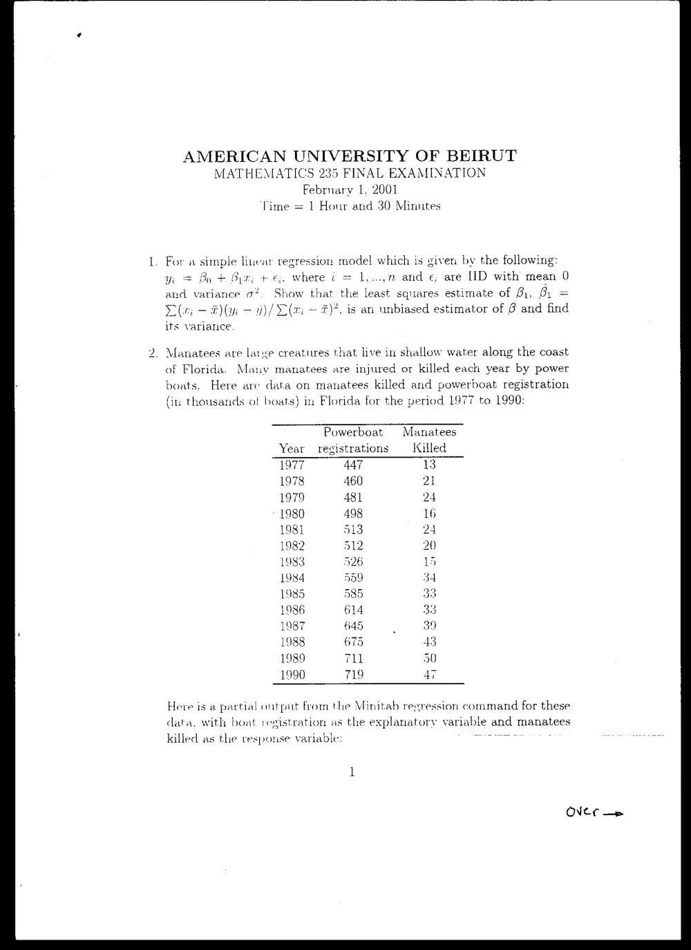 MATH 235 Final, Fall 2000, page 1