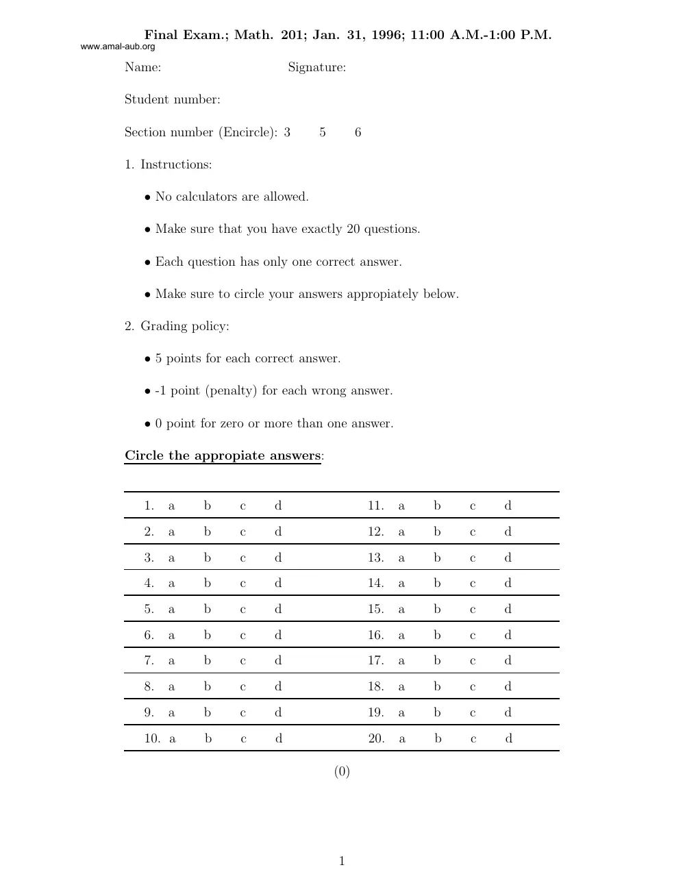 MATH 201 Final, Fall 1996, page 1